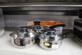 Three piece stainless steel saucepan set