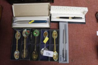 Six cased spoons and a Parker fountain pen