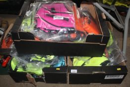 Three boxes containing various life jackets of var