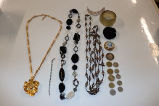 A box of modern jewellery including bead necklaces