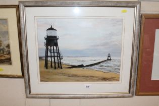 A framed and glazed watercolour of Dovercourt ligh