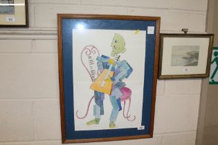 A framed and glazed watercolour depicting a musici