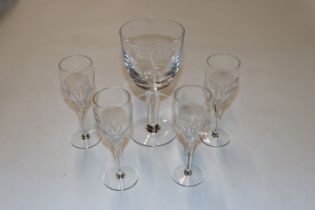 Stephen Rickard 1980 etched glass goblet and four small glasses
