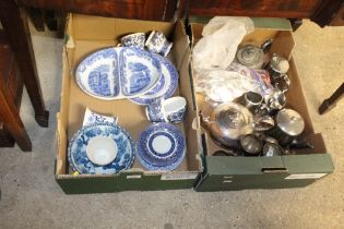 A box of various silver plated ware and a box of various blue & white china