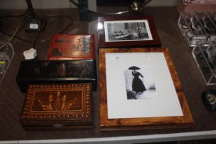 Various burwood framed prints; two lacquer boxes an