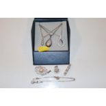A collection of sterling silver cultured pearl, diamond and white gem stone set necklaces and