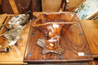 A Spanish mahogany burwood bowl together with one