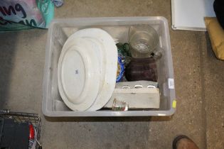 A plastic crate of various miscellaneous glass and