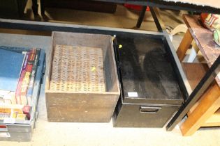 A metal deeds box; a wicker basket and a wooden bo