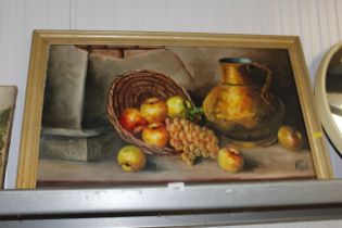 A framed still life study of a fruit bowl and copp