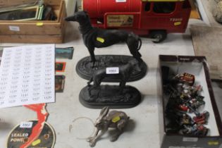 Two bronzed grey hound ornaments and a hare orname