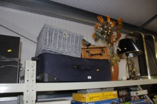 Two wicker baskets, one named to M&S, a luggage ca