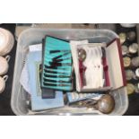 A box containing various boxed cutlery, loose cutl