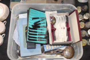 A box containing various boxed cutlery, loose cutl