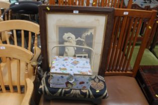 A vintage print of child and dog, a sewing box with swing handle and an upholstered kneeling stool