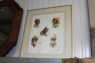 After Sipho Ndlovu, watercolour depicting five various ethnic portraits, dated 1987