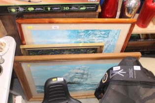Two large prints of a sailing scene, a steam locom