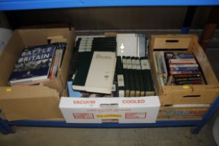 Three boxes of various paperback and hardback books to include a collection of World Book