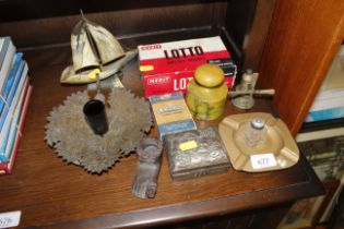 A horn boat, various metal ware, cards etc.