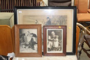 Three various vintage prints contained in wooden f