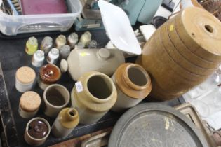 A large stoneware barrel AF, two stoneware jars, v