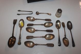 A collection of various silver spoons; a pair of s