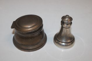 A silver inkwell and a silver pepper pot both wit