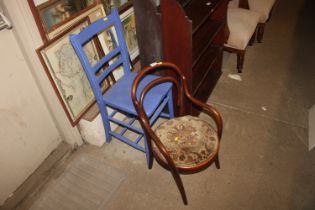 A child's upholstered bentwood chair together with a blue painted chair