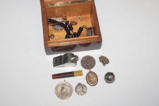 A burwood trinket box and contents to include Acm