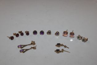 Eight pairs of various 9ct gold and 14ct gold ston