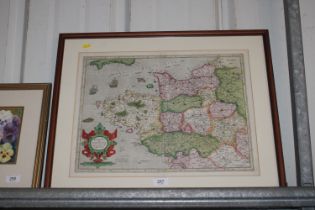 A framed and glazed map depicting Britannia and No