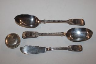 Two silver spoons; silver fish knife and a small s