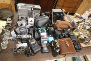 A large quantity of various cameras and binoculars