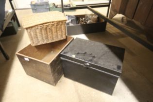 A box containing wicker basket, metal deeds box