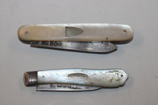 Two mother of pearl and silver bladed fruit knives