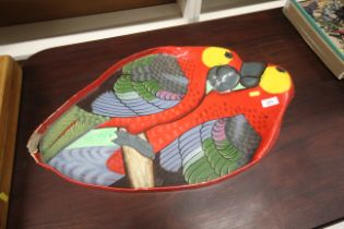 A papier mache tray in the form of two parrots AF