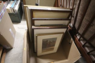 A box of various pictures, prints and watercolours