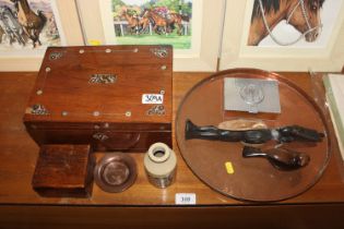 A mother of pearl inlaid work box AF, a circular c