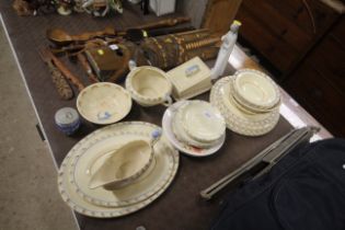 A quantity of Myott & Sons dinnerware, a Royal Worcester egg coddler and a Ladro style figure
