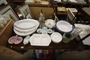 A quantity of various serving plates, hor d'oeuvres dishes, Royal Worcester Evesham pot and cover