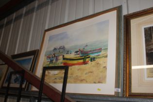 Valleios, framed watercolour depicting a beach sce