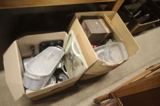 Two boxes containing various kitchenalia etc.