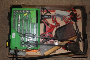 A box of various tools to include a Homebase 37 pi