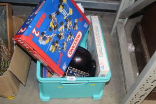 A box containing glass vases, Meccano etc.