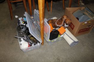 Two boxes containing various kitchenalia; cutlery;