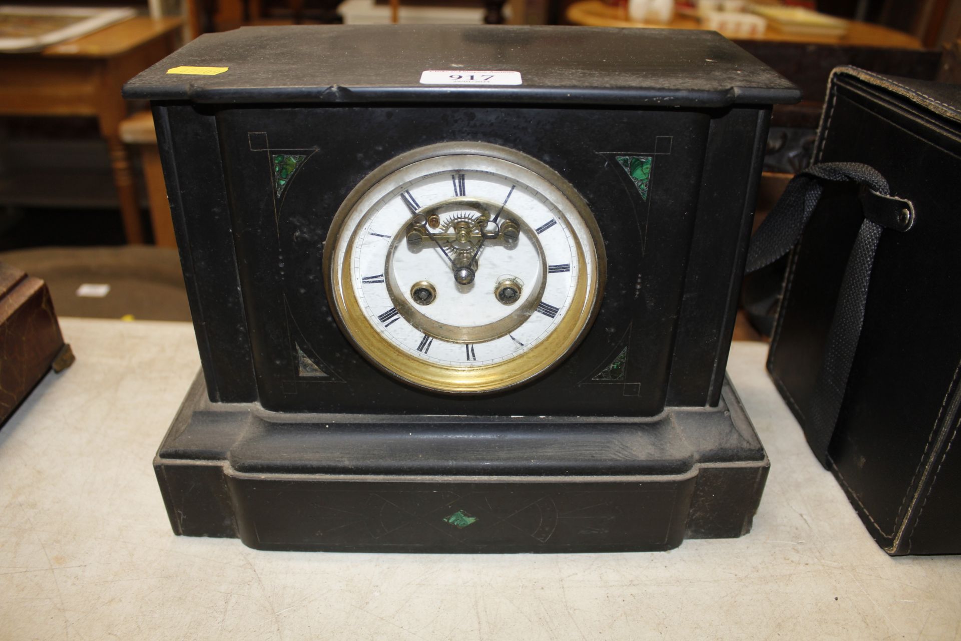 A Victorian slate twin hole mantle clock AF