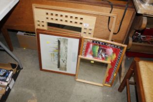 Various pictures; a wooden framed mirror etc