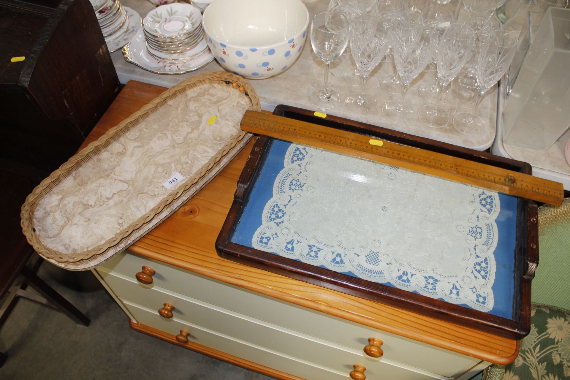 A twin handled tray, a retro tray and a spirit lev