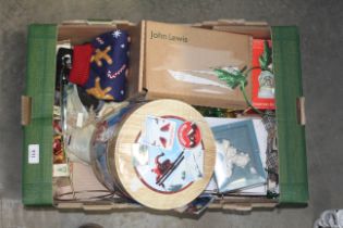 A box of various Christmas decorations