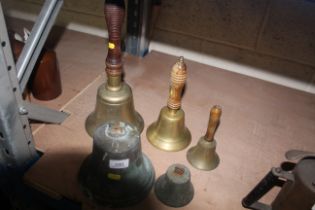 Five various hand and other bells